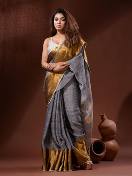 Linen Saree with Copper Zari Border