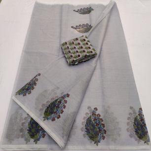 Kota Doria Mix Cotton Hand Block Printed Saree