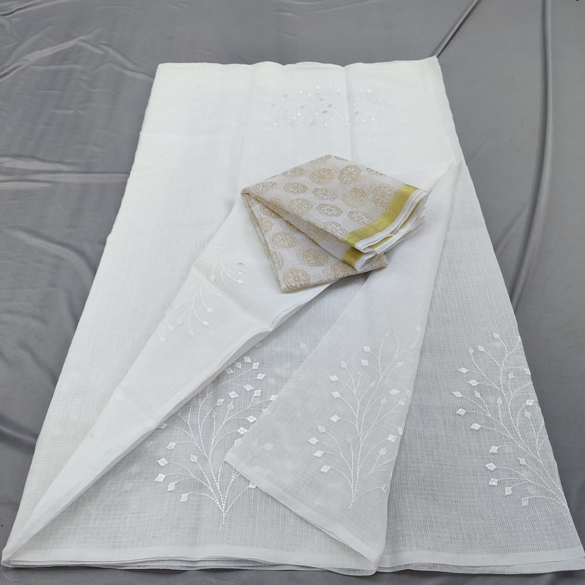 Kota Doria Mix Cotton Saree with Hand Machine Embroidery