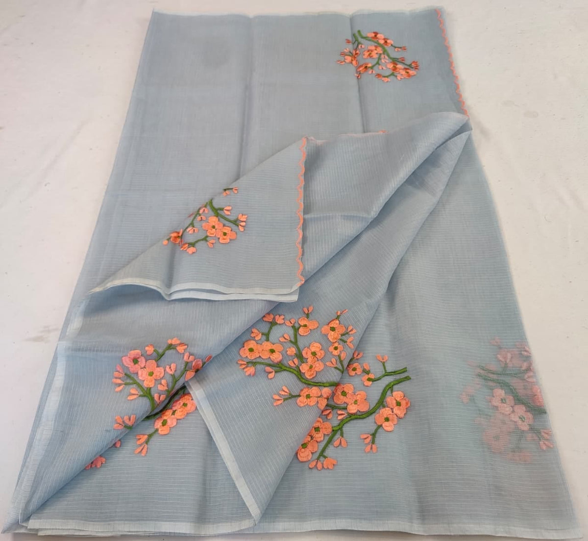 Kota Doria Saree with Hand Machine Embroidery Work