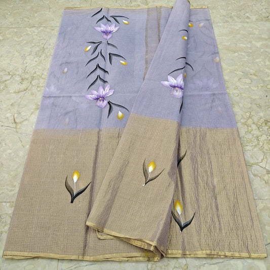Pure Cotton Kota Half Tissue Hand Brush Paint Saree