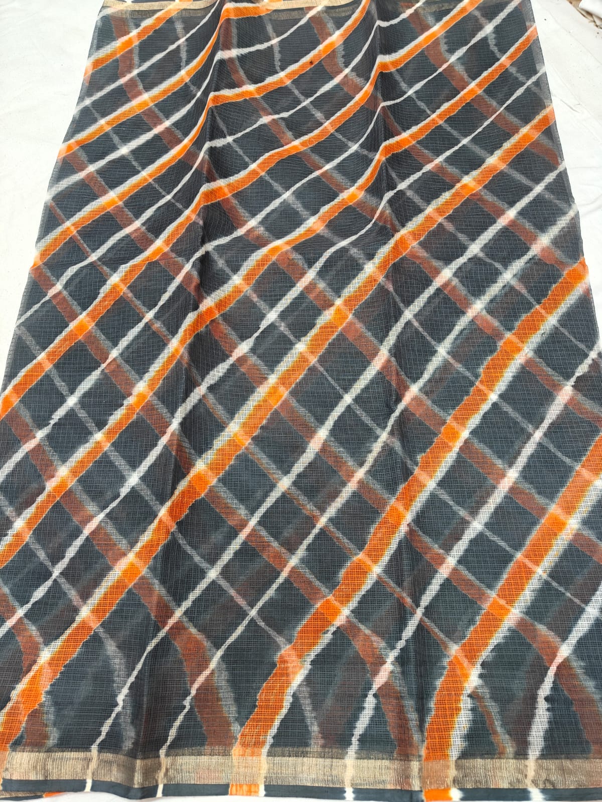 Pure Kota Doria Leheriya Saree with Golden Zari Border