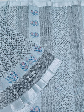Kota Doria Soft Cotton Hand Block Printed Saree