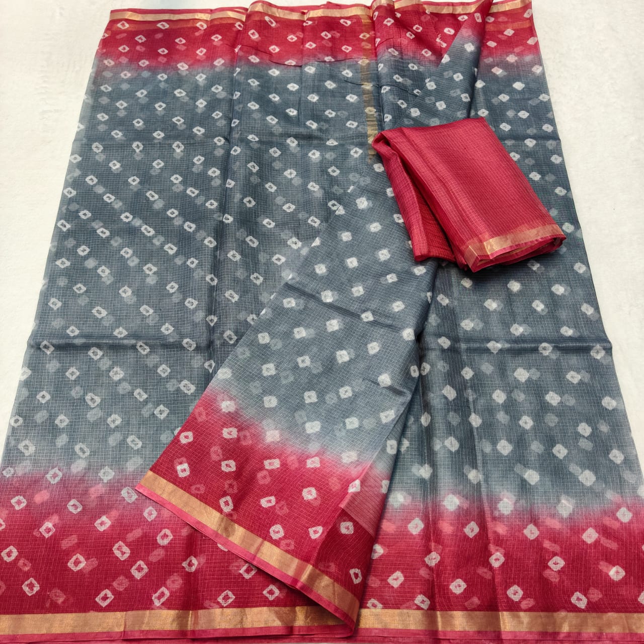 Kota Doria Pure Silk Saree with Hand Dye Bandhej