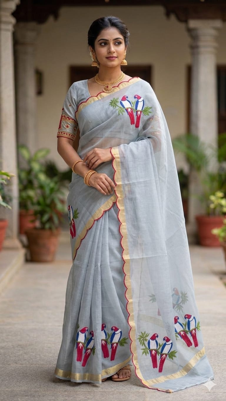 Pure Kota Doria Cotton Embroidery Saree