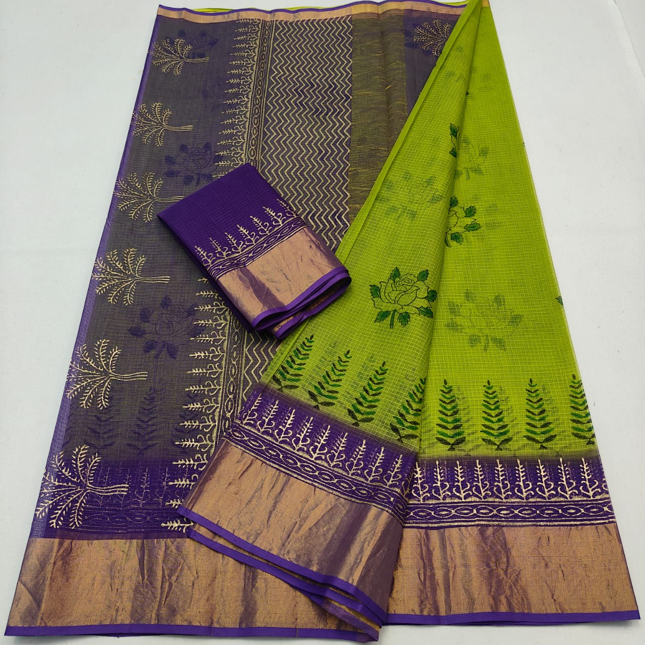 Kota Doria Pure Cotton Hand-Dyed Block Print Saree
