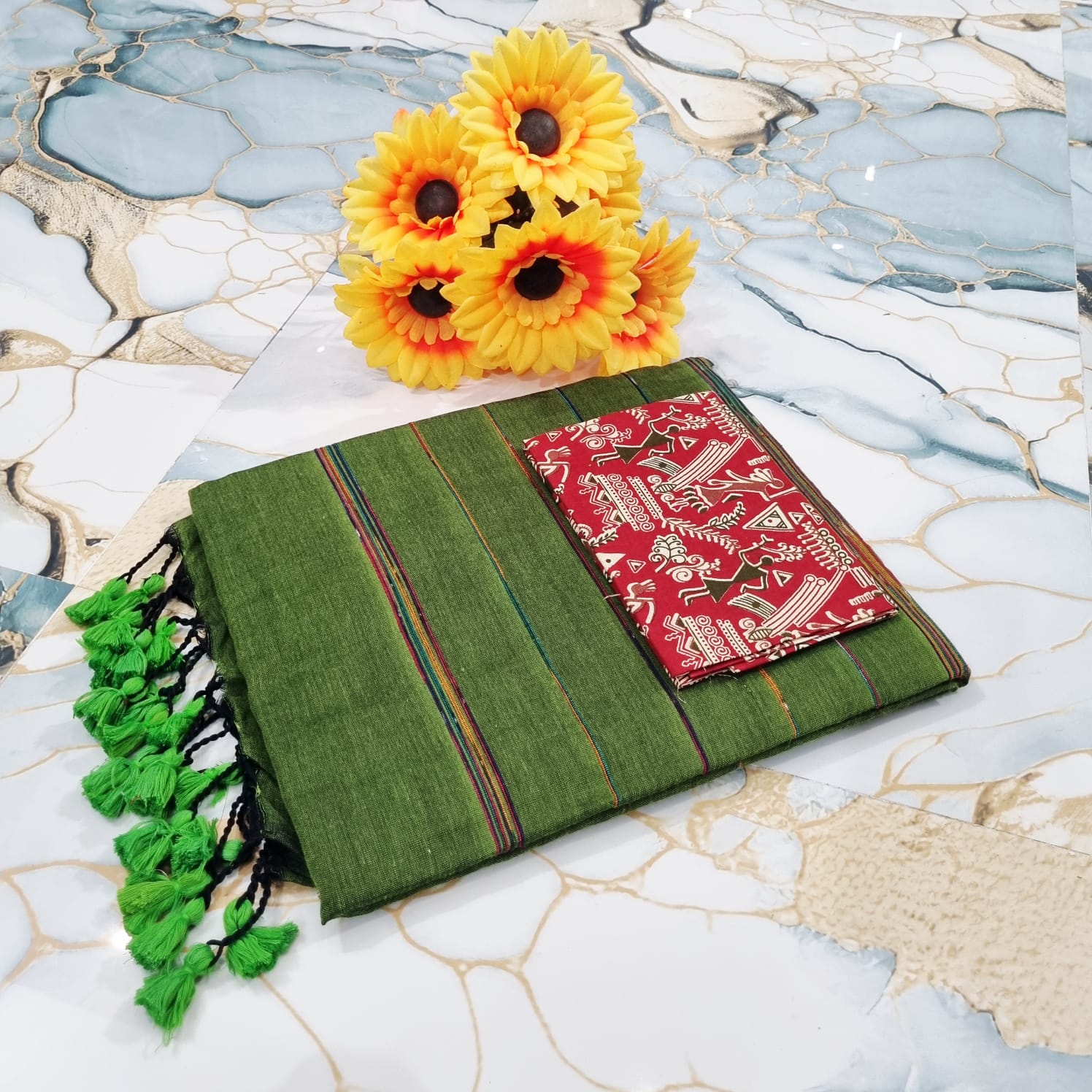 Handwoven Khesh Saree with Kalamkari Blouse Piece