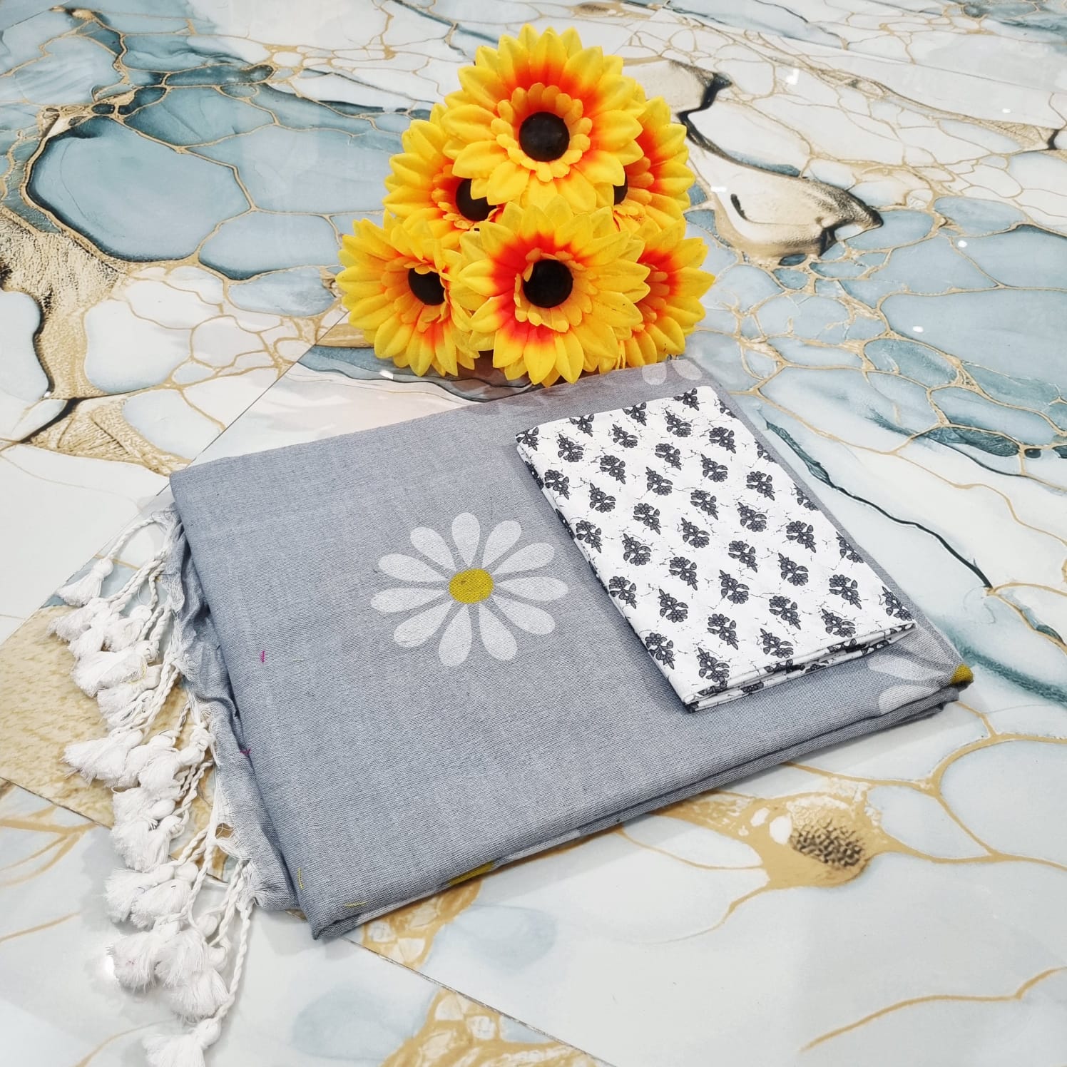Sunflower Hand Print Saree