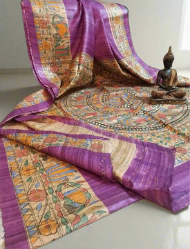 Tussar Ghicha Silk Saree with Hand-Painted Madhubani