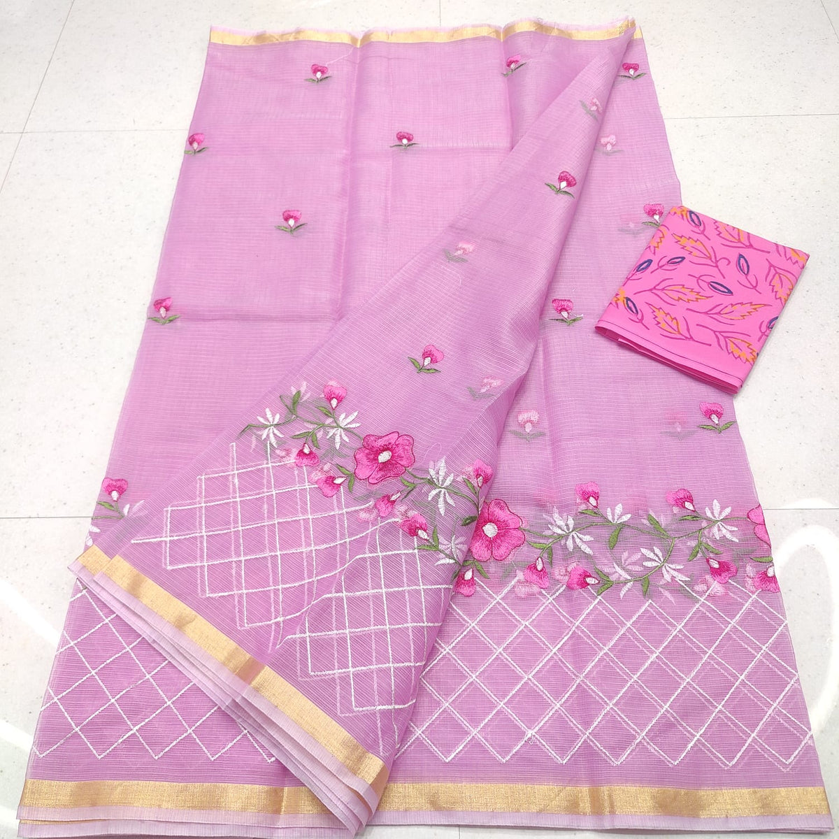 Kota Doria Mix Cotton Saree with Embroidery