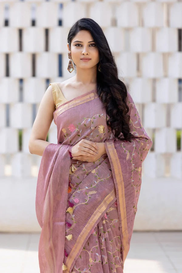 Linen Saree with Embroidery Work