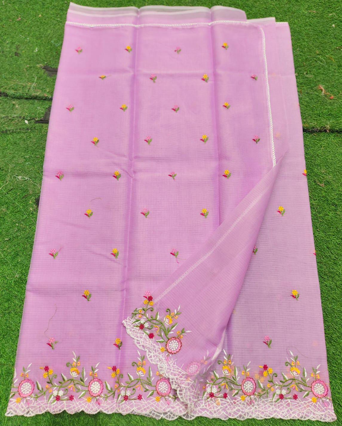 Kota Cotton Embroidery Cut & Lace Work Saree