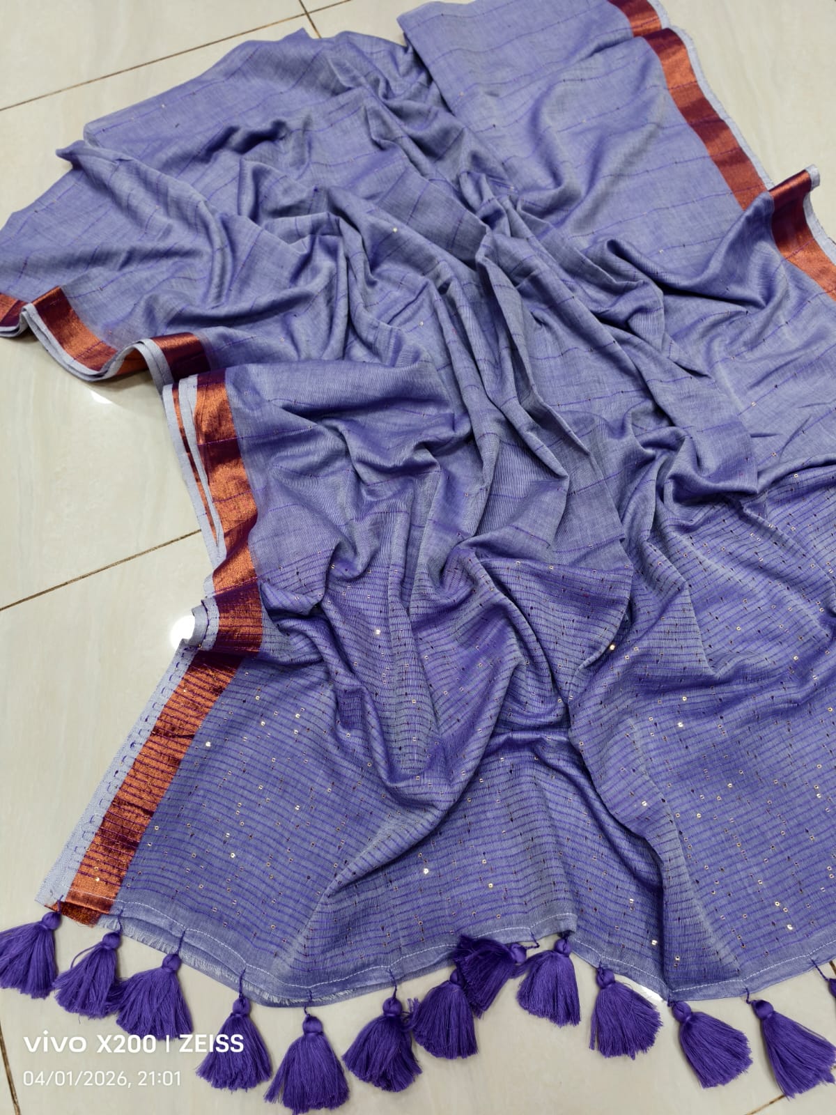 Handloom Sequins Cotton Saree with Zari Border