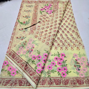 Kota Doria Embroidery Saree with Hand Block Print