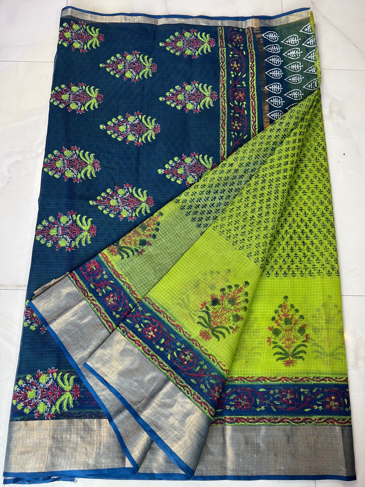 Kota Doria Pure Cotton Hand Block Printed Saree