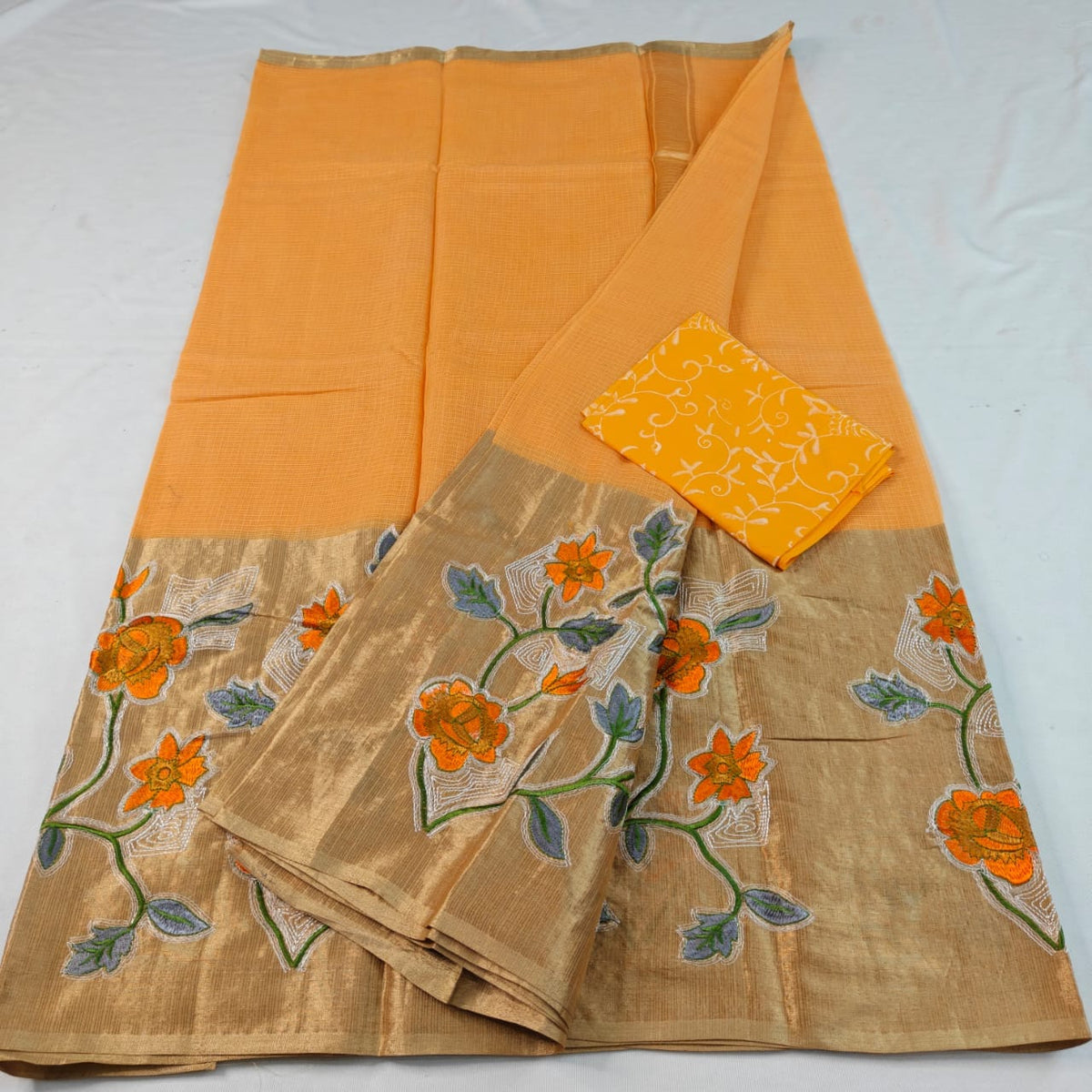 Pure Cotton Kota Doria Half Tissue Embroidery Saree