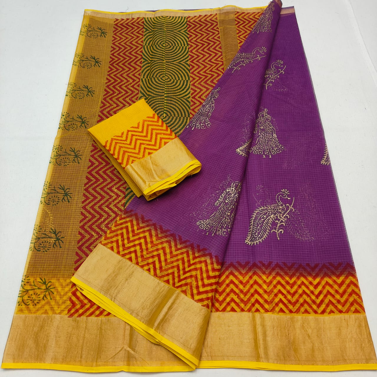 Kota Doria Pure Cotton Hand-Dyed Block Print Saree
