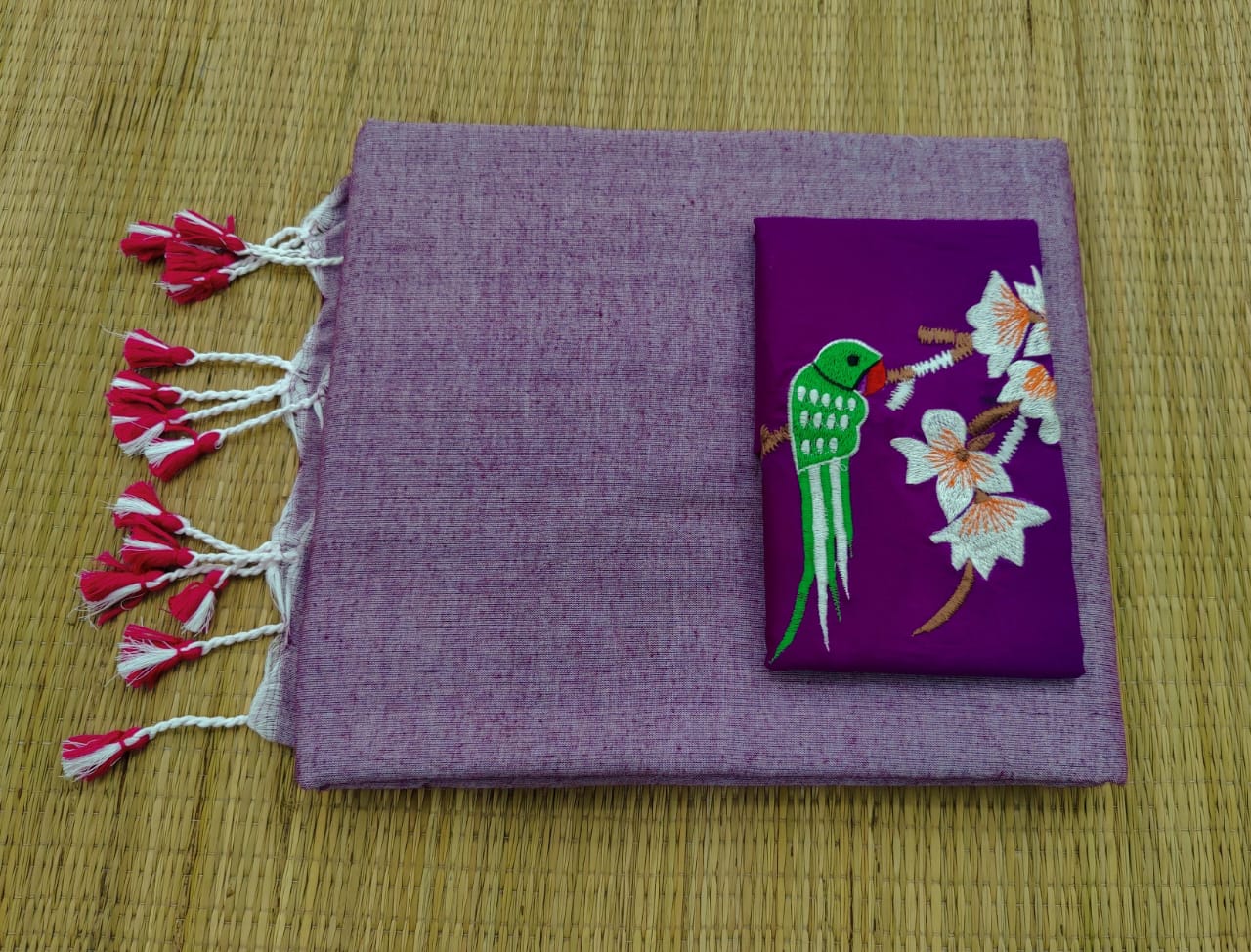 Plain cotton saree with embroidered blouse piece