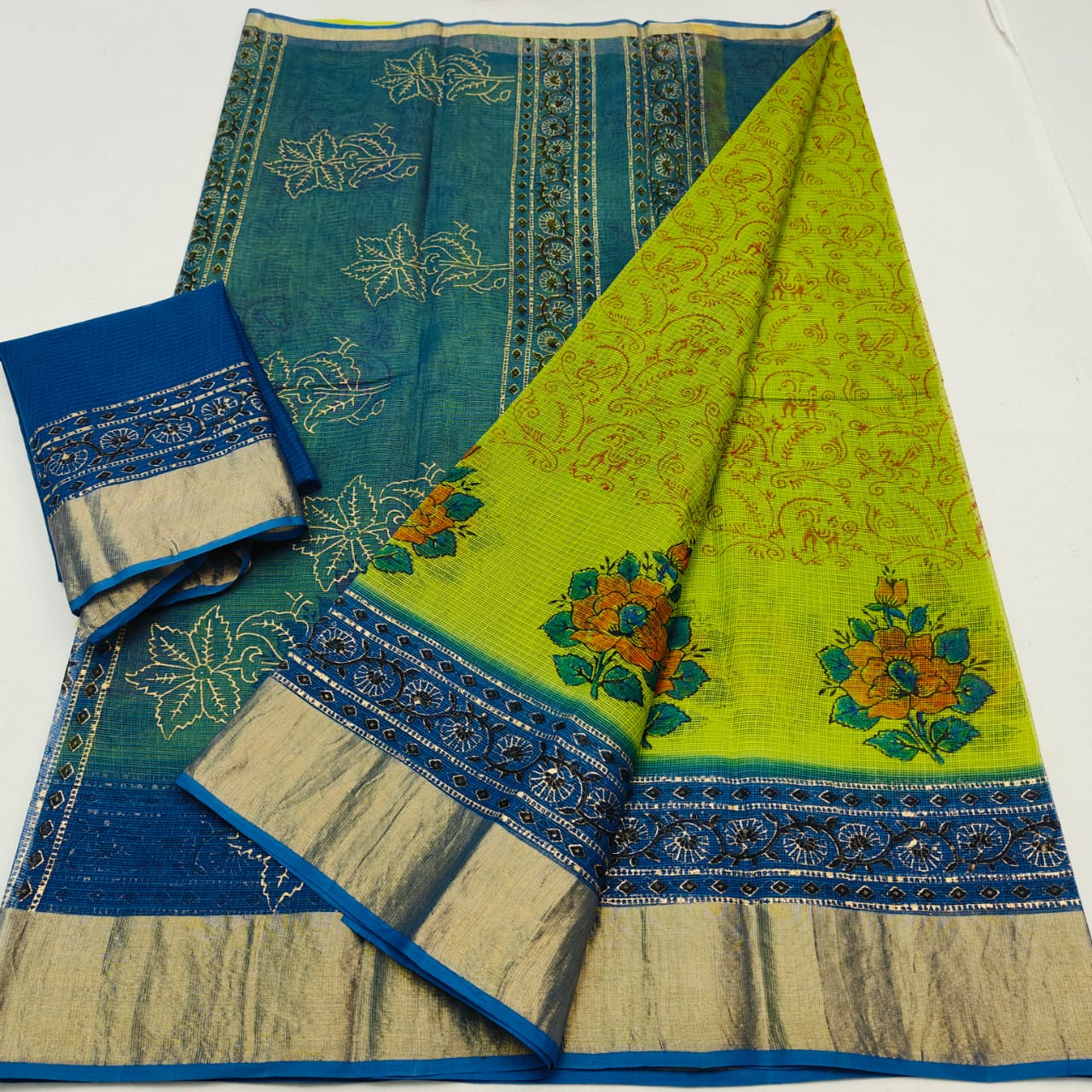 Kota Doria Pure Cotton Hand-Dyed Block Print Saree
