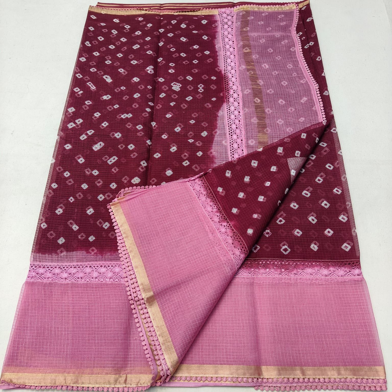 Kota Doria Bandhej Saree with Croatia Lace