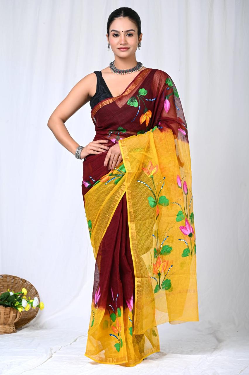 Pure Kota Doria Cotton Hand Painted Saree