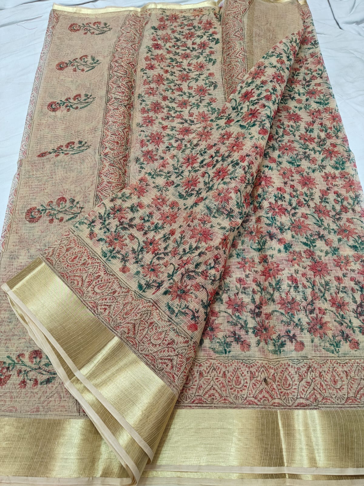 Kota Doria Pure Cotton Hand Dye with Hand Block Print Saree