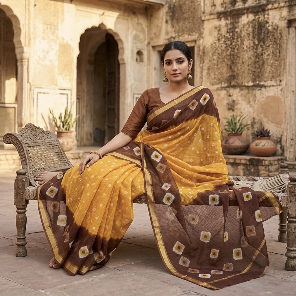 Pure Cotton Kota Doria Hand Shibori Bandhej Saree