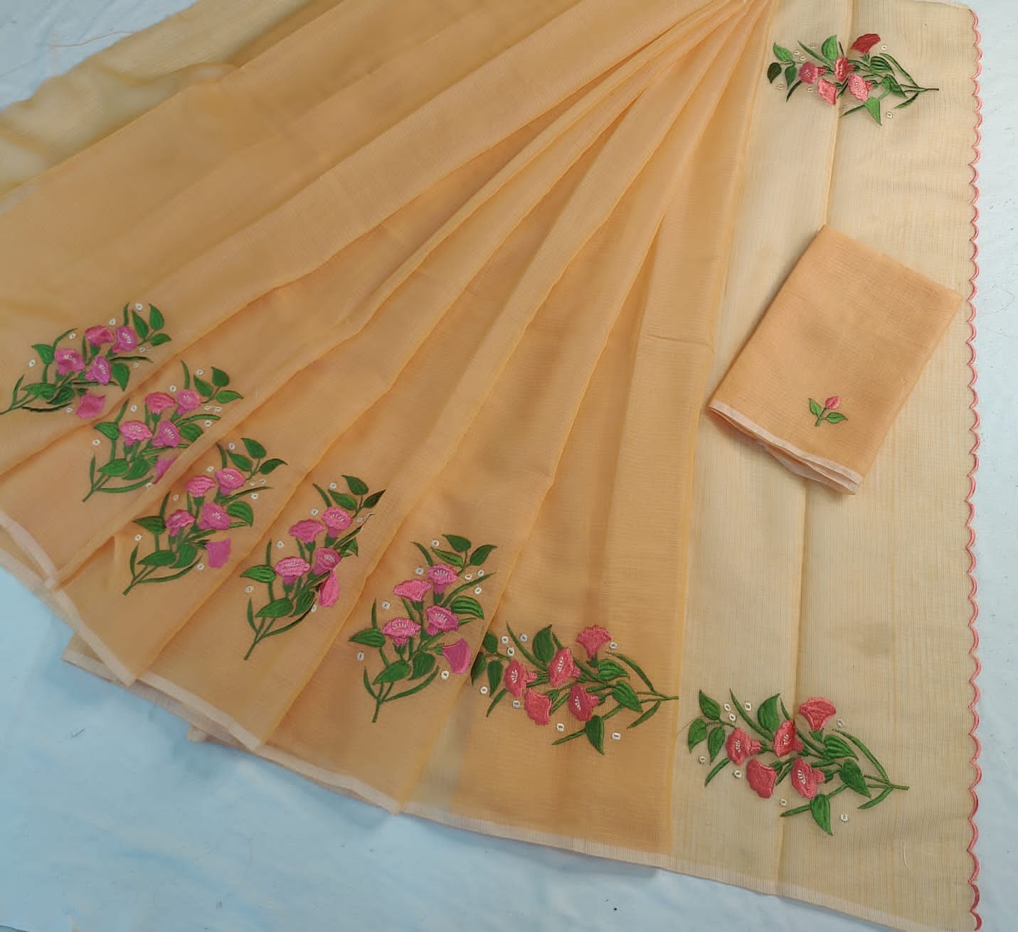 Kota Doria Saree with Hand Machine Embroidery Work