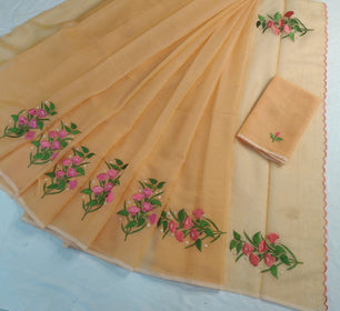 Kota Doria Saree with Hand Machine Embroidery Work
