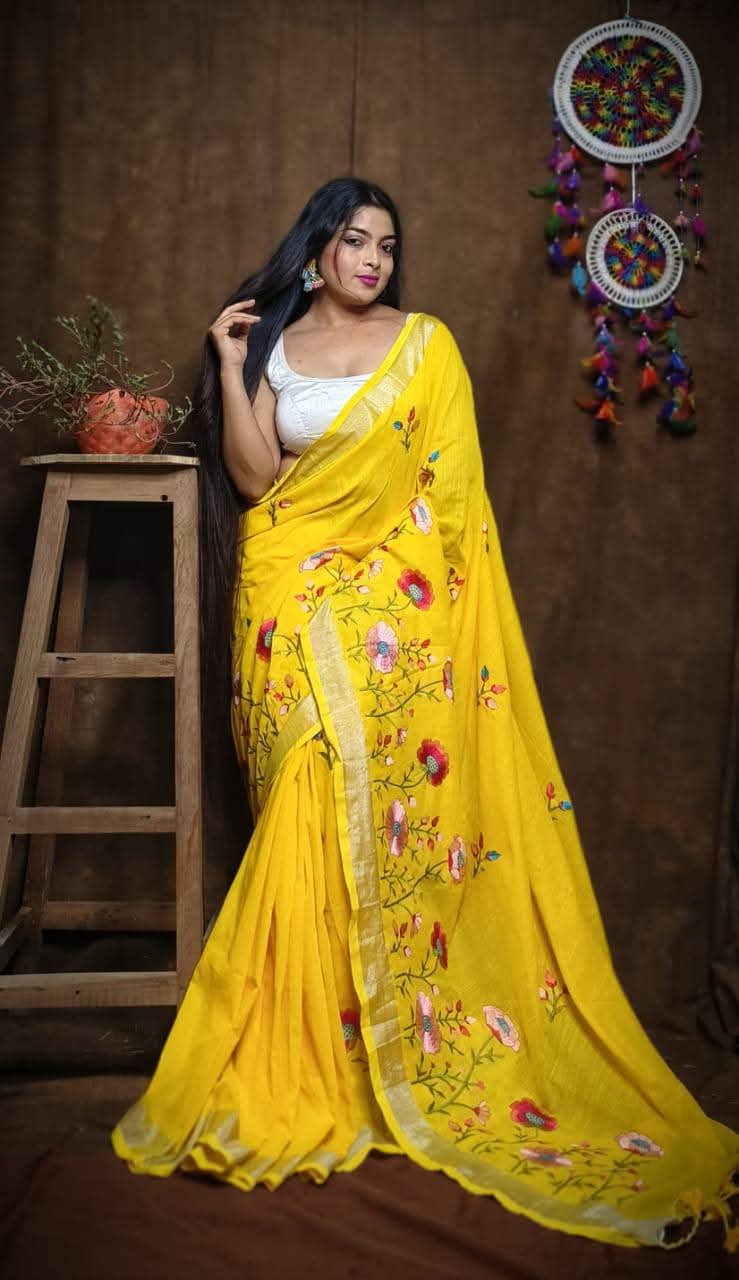 Linen by Linen Saree with Embroidery