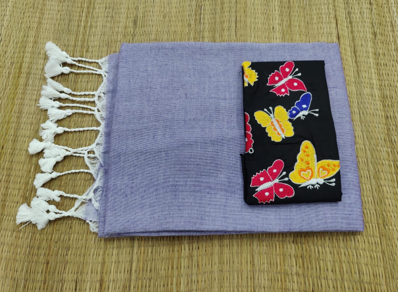 Plain cotton saree with embroidered blouse piece