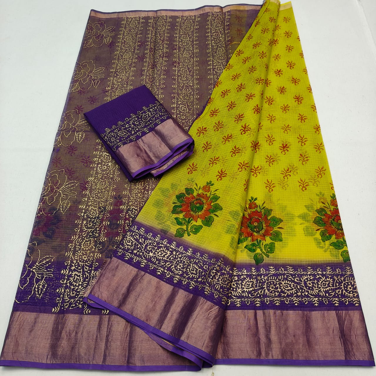 Kota Doria Pure Cotton Hand-Dyed Block Print Saree