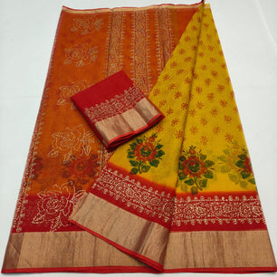 Kota Doria Pure Cotton Hand-Dyed Block Print Saree