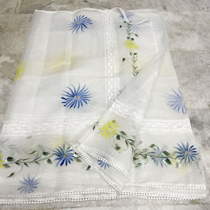 Kota Doria Crochet Lace Saree with Hand Painting