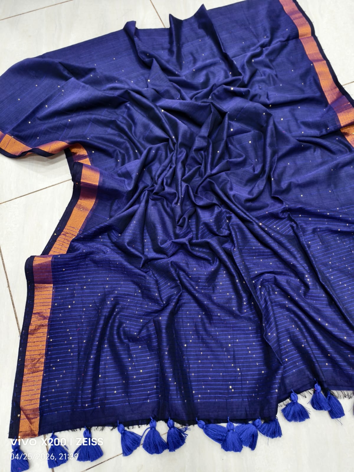 Handloom Sequins Cotton Saree with Zari Border