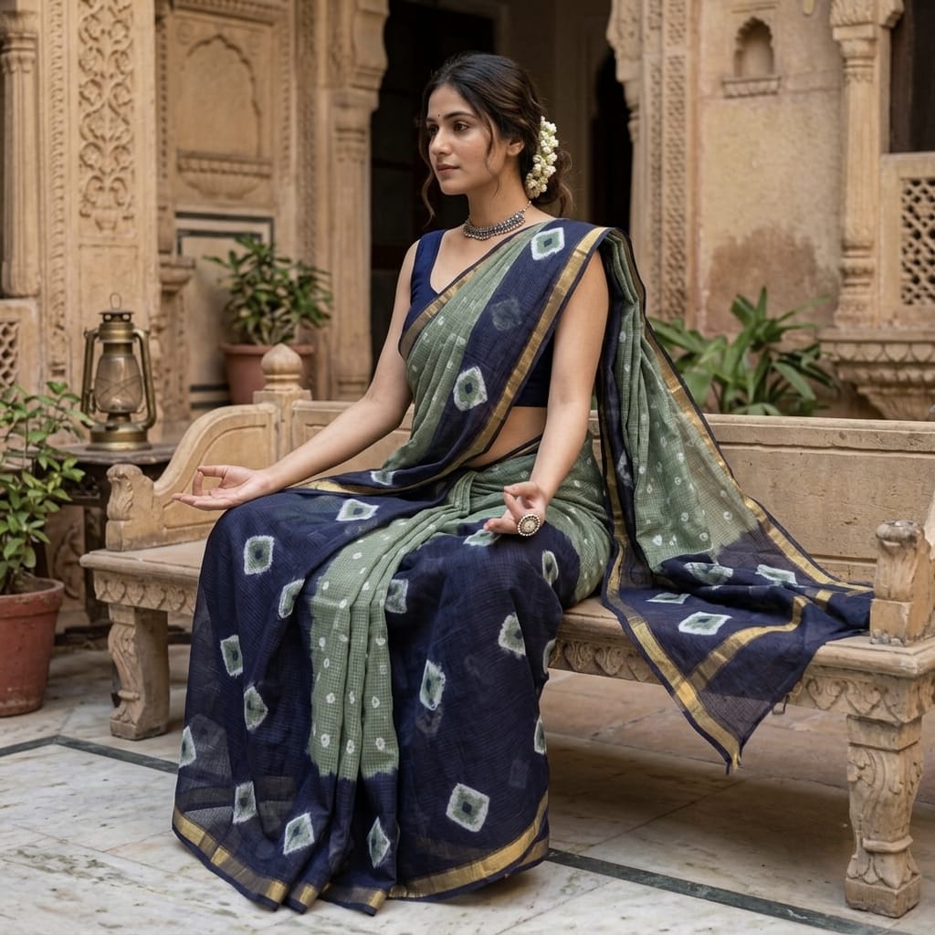 Pure Cotton Kota Doria Hand Shibori Bandhej Saree