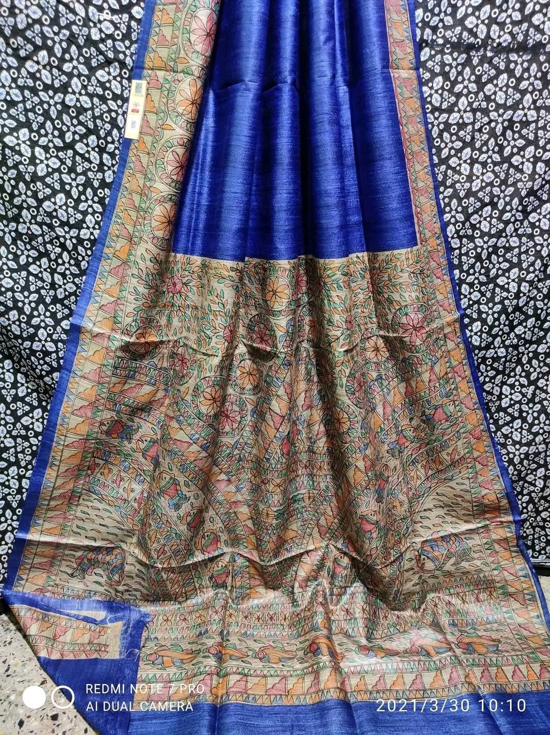 Handloom Tussar Ghicha Silk Saree with Hand-Painted Madhubani