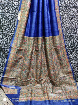 Handloom Tussar Ghicha Silk Saree with Hand-Painted Madhubani