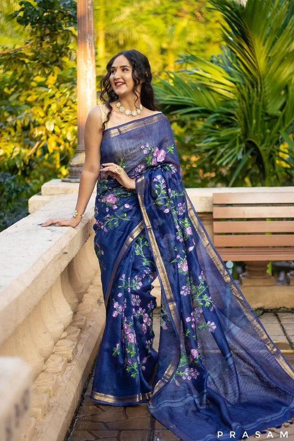 Linen Saree with Embroidery Work