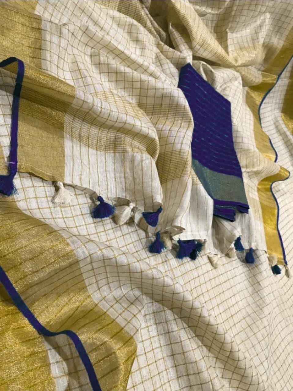 Linen by Linen Saree with Gold Zari Checks