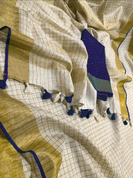 Linen by Linen Saree with Gold Zari Checks