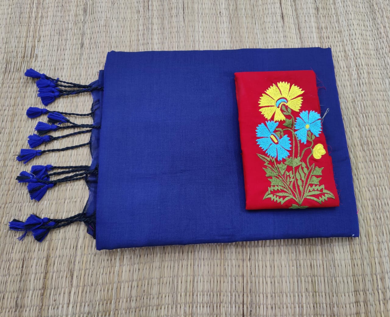 Plain cotton saree with embroidered blouse piece
