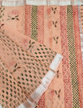 Kota Doria Soft Cotton Hand Block Printed Saree