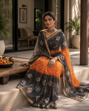 Pure Cotton Kota Doria Hand Shibori Bandhej Saree