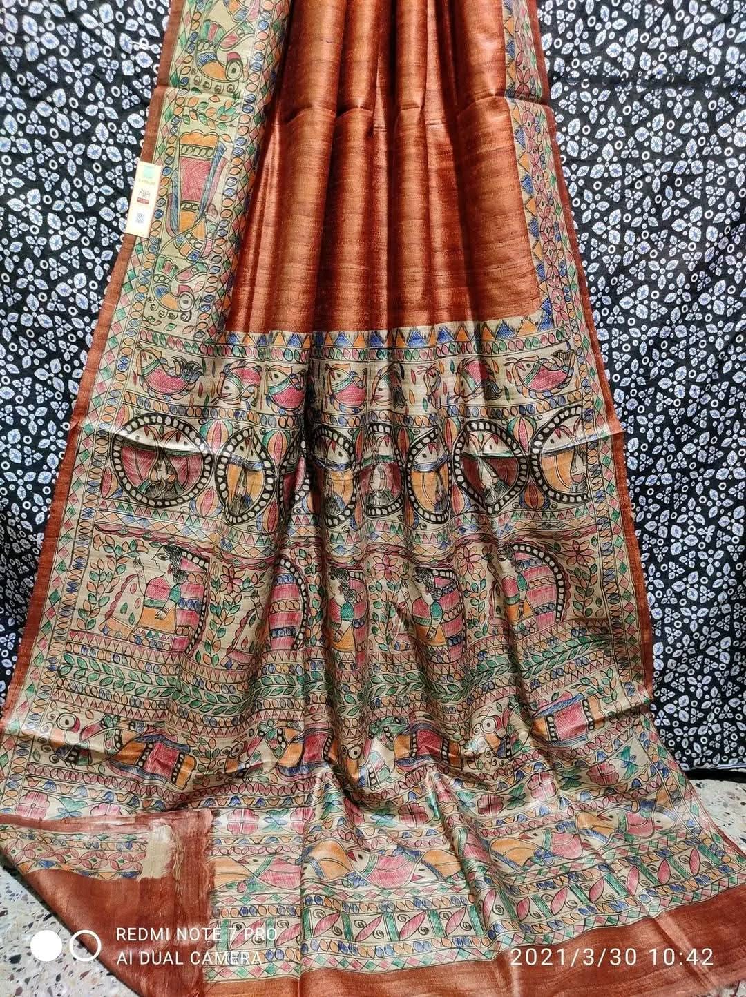 Handloom Tussar Ghicha Silk Saree with Hand-Painted Madhubani
