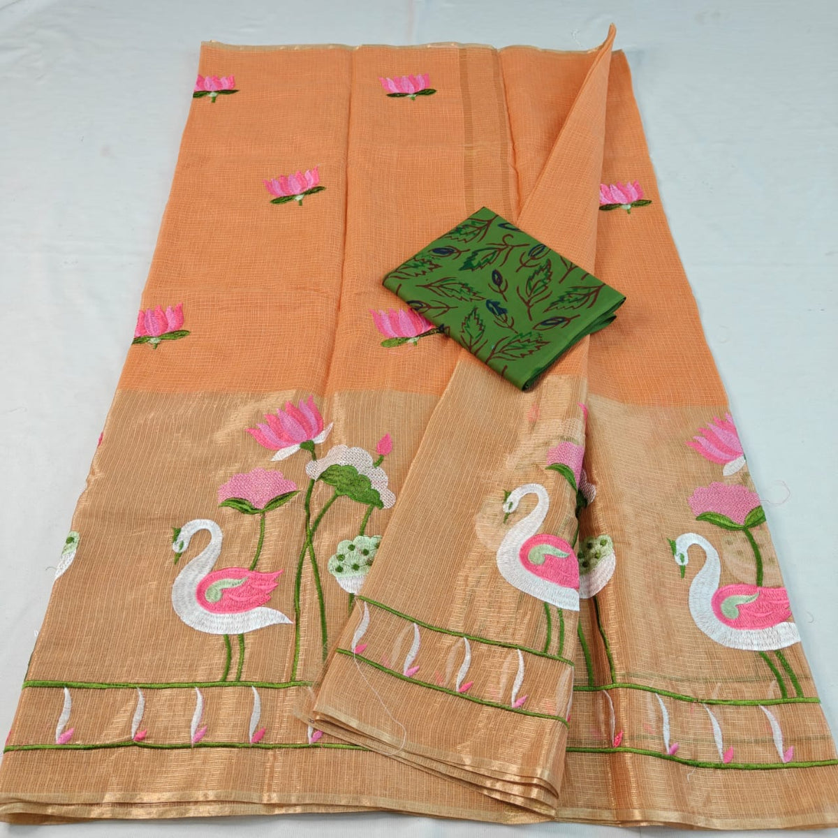 Pure Cotton Kota Doria Half Tissue Embroidery Saree