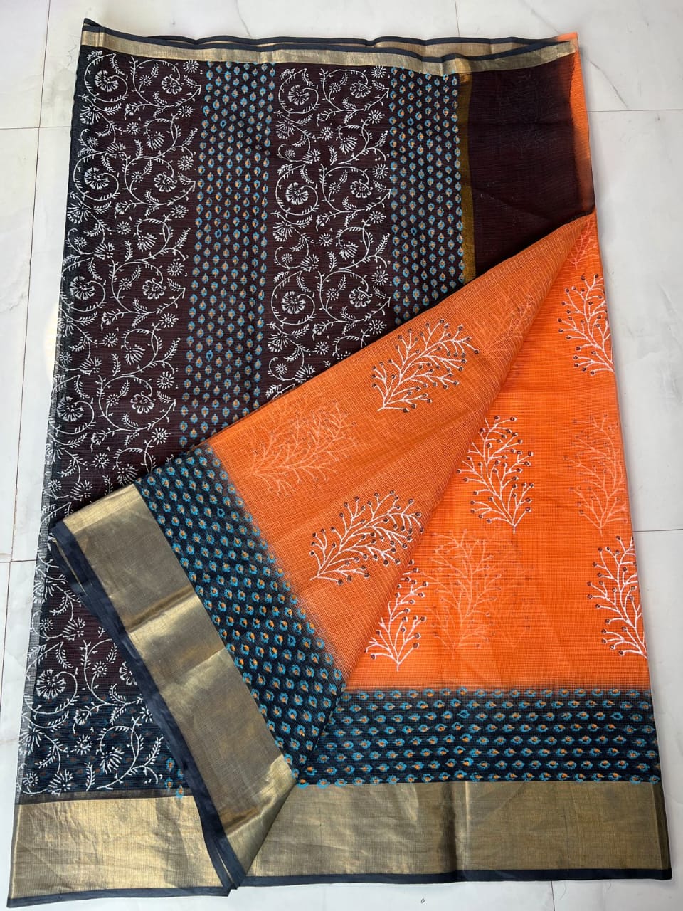 Kota Doria Pure Cotton Hand Block Printed Saree