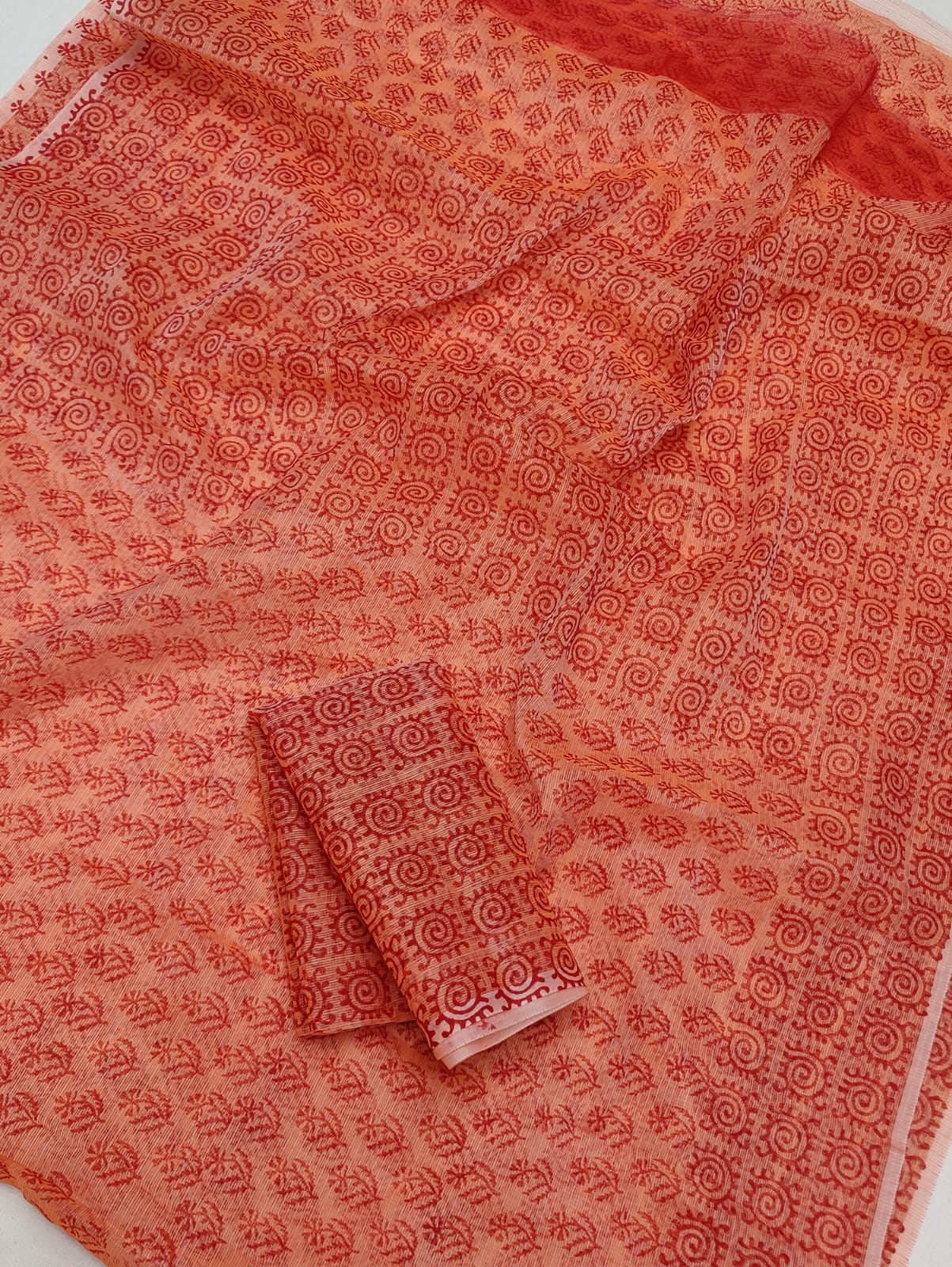 Kota Doria Soft Cotton Hand Block Printed Saree