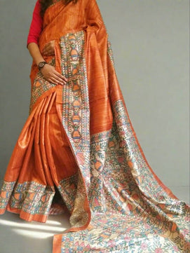 Tussar Ghicha Silk Saree with Hand-Painted Madhubani