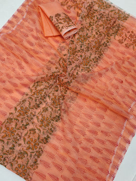 Kota Doria Soft Cotton Hand Block Printed Saree